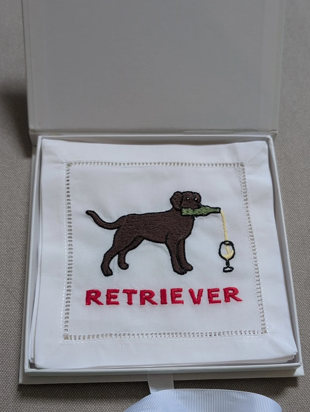 August Morgan Retriever Embroidered White Cotton Cocktail Napkin Boxed Set of 4